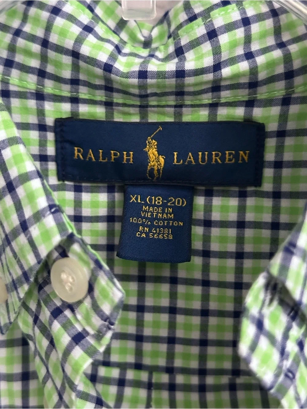 Ralph Lauren Boys Navy/Green Gingham Button Down Shirt Size XL